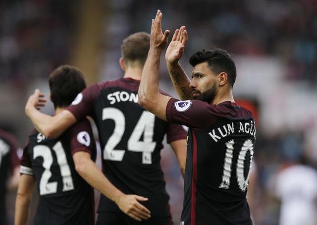 Manchester City's Sergio Aguero celebrates scoring their second goal. (REUTERS) Manchester City's Sergio Aguero celebrates scoring their second goal. (REUTERS)