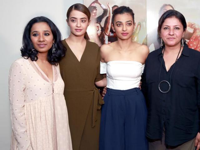 Radhika Apte, Surveen Chawla, Tannishtha Chatterjee and filmmaker Leena Yadav during a press conference of their film Parched.(IANS) Radhika Apte, Surveen Chawla, Tannishtha Chatterjee and filmmaker Leena Yadav during a press conference of their film Parched.(IANS)