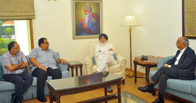 Punjab CM Parkash Singh Badal presiding over an emergency meeting at his official residence in Chandigarh on Thursday. (Photo: CMO)