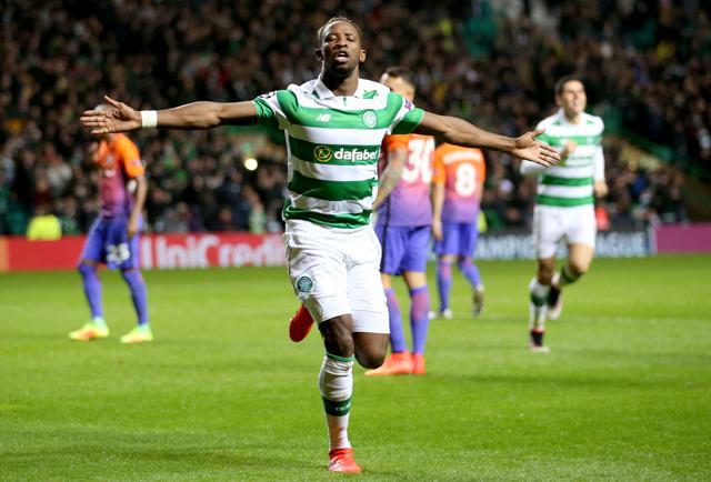 Celtic's Moussa Dembele celebrates scoring his side's third goal. (AP) Celtic's Moussa Dembele celebrates scoring his side's third goal. (AP)