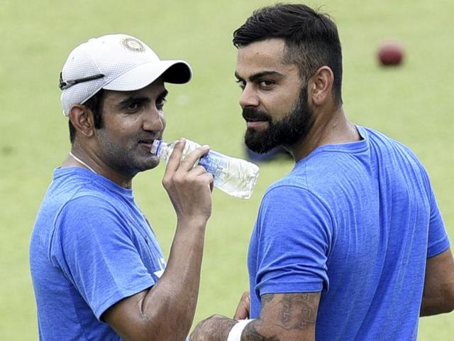 Virat Kohli and Gautam Gambhir at a training session at Eden Garden in Kolkata.(PTI) Virat Kohli and Gautam Gambhir at a training session at Eden Garden in Kolkata.(PTI)