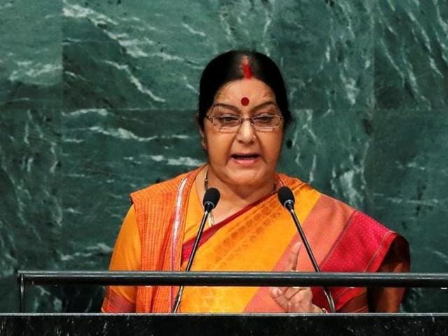 External affairs minister Sushma Swaraj addresses the United Nations General Assembly in the Manhattan borough of New York, US on September 26, 2016.(Reuters) External affairs minister Sushma Swaraj addresses the United Nations General Assembly in the Manhattan borough of New York, US on September 26, 2016.(Reuters)