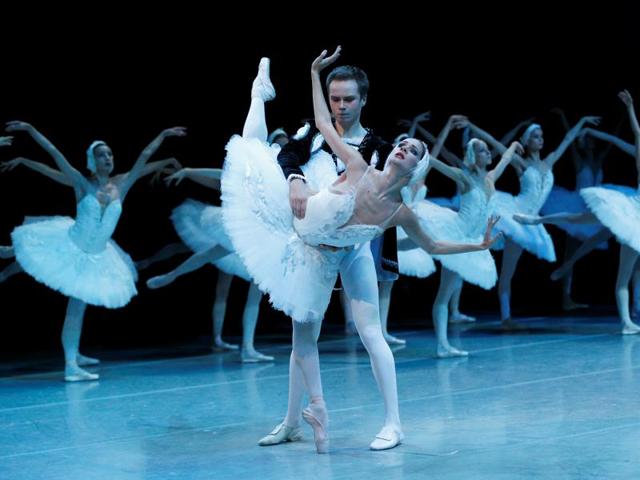 Principal dancers Ekaterina Borchenko and Leonid Sarafanov perform Pyotr Tchaikovsky's Swan Lake ballet at the Mikhailovsky theatre in St. Petersburg, Russia, on Wednesday. (Reuters)