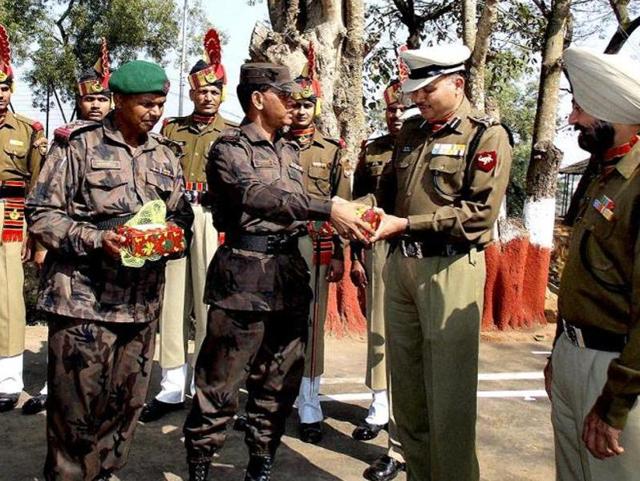 In this 2013 file photo, BSF personnel exchange sweets with Border Guard of Bangladesh on 64th Republic Day at Akhaura India-Bangladesh check-post near Agartala.(HT File Photo) In this 2013 file photo, BSF personnel exchange sweets with Border Guard of Bangladesh on 64th Republic Day at Akhaura India-Bangladesh check-post near Agartala.(HT File Photo)