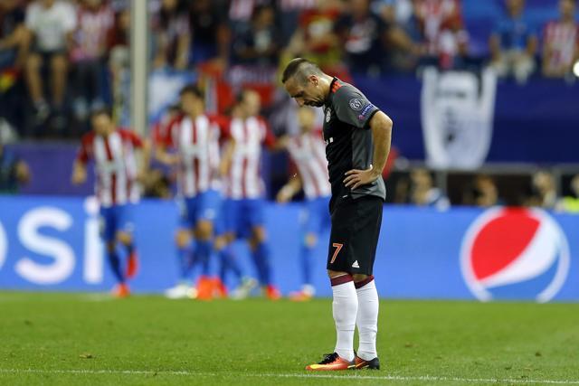 Bayern's Franck Ribery reacts after Atletico's opening goal. (AP) Bayern's Franck Ribery reacts after Atletico's opening goal. (AP)