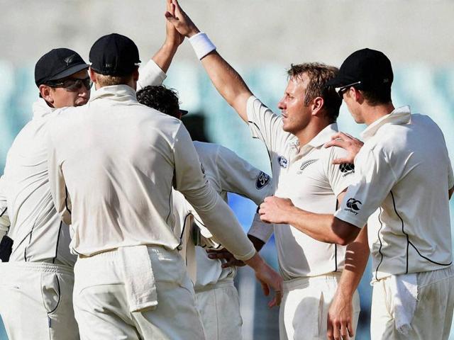 New Zealand bowler MJ Henry jubilate with his teammates after dismissing Murali Vijay. (PTI Photo) New Zealand bowler MJ Henry jubilate with his teammates after dismissing Murali Vijay. (PTI Photo)