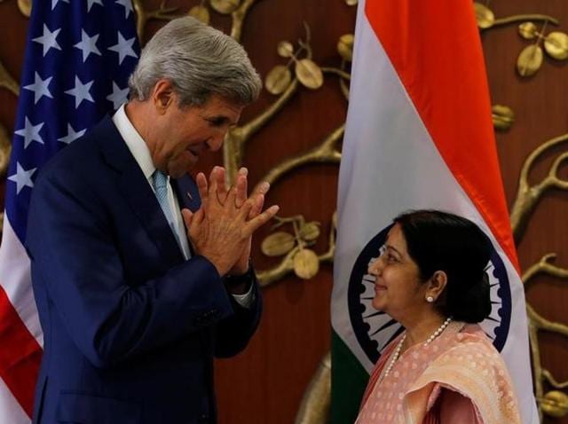 External affairs minister Sushma Swaraj with US secretary of state John Kerry during a joint news conference in New Delhi on August 30, 2016.(Reuters File)