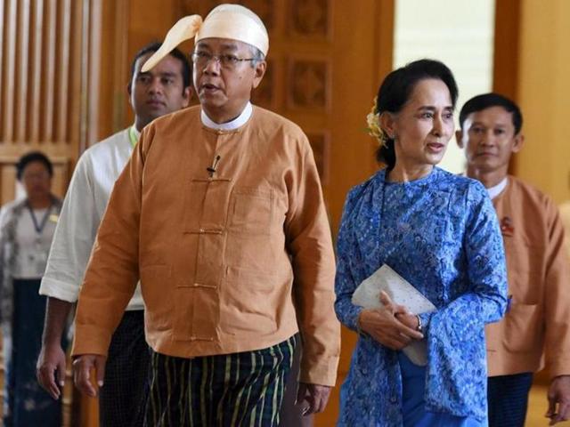 Myanmar's President Htin Kyaw (left) and National League for Democracy party leader Aung San Suu Kyi arrives at Parliament in Naypyitaw.(REUTERS) Myanmar's President Htin Kyaw (left) and National League for Democracy party leader Aung San Suu Kyi arrives at Parliament in Naypyitaw.(REUTERS)