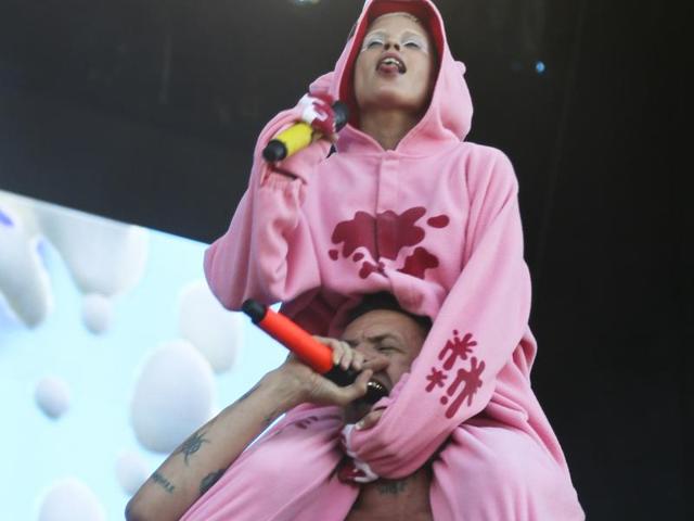 Die Antwoord, a South African rap-rave group, while performing on-stage at the fest. (AP) Die Antwoord, a South African rap-rave group, while performing on-stage at the fest. (AP)
