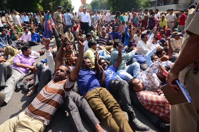 Ahmedabad : Police detain Dalit community leader Jignesh Mevani during a protest against atrocities against the Dalit community in New Delhi(PTI)