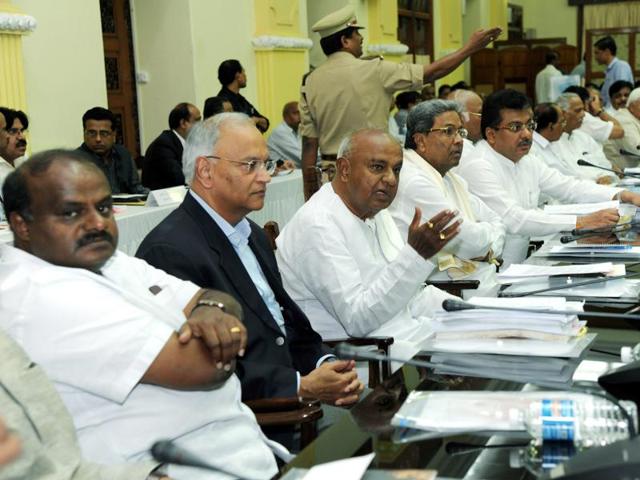 Former prime minister HD Deve Gowda (3rd from left) along with others at an All Party Meeting on Cauvery Water Sharing Issue at Vidhan Soudha in Bengaluru. (PTI Photo) Former prime minister HD Deve Gowda (3rd from left) along with others at an All Party Meeting on Cauvery Water Sharing Issue at Vidhan Soudha in Bengaluru. (PTI Photo)