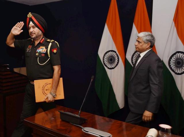 Director general military operations (DGMO), Ranbir Singh salutes after a press conference along with external affairs spokesperson Vikas Swarup, in New Delhi. (PTI Photo) Director general military operations (DGMO), Ranbir Singh salutes after a press conference along with external affairs spokesperson Vikas Swarup, in New Delhi. (PTI Photo)