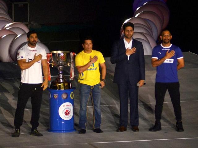 Bollywood actor Abhishek Bachchan, cricket Legend, Sachin Tendulkar, cricketer, Mahendra Singh Dhoni and actor and owner of NorthEast United Football team John Abraham reveal the ISL trophy at inaugural ceremony of the 3rd edition of Indian Super League 2016 (ISL) in Guwahati. (PTI Photo) Bollywood actor Abhishek Bachchan, cricket Legend, Sachin Tendulkar, cricketer, Mahendra Singh Dhoni and actor and owner of NorthEast United Football team John Abraham reveal the ISL trophy at inaugural ceremony of the 3rd edition of Indian Super League 2016 (ISL) in Guwahati. (PTI Photo)