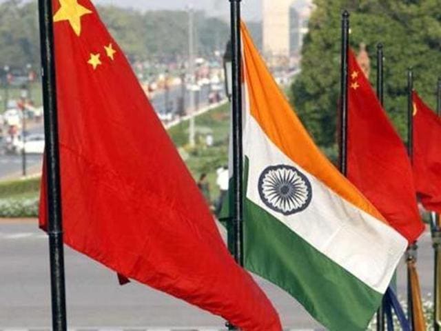 The national flags of China and India at Vijay Chowk on Rajpath.(Arvind Yadav/HT file photo)