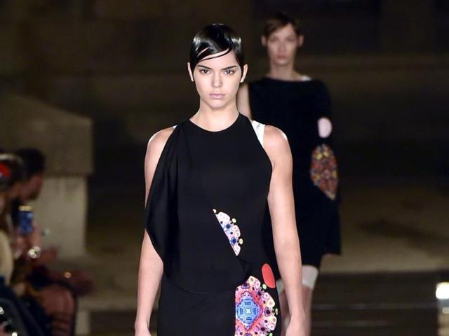 US model Kendall Jenner presents a creation for Givenchy on Sunday. (AFP)
