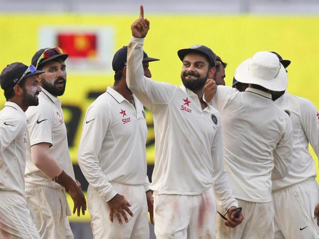 Indian cricket team captain Virat Kohli gestures after their victory. (AP photo)