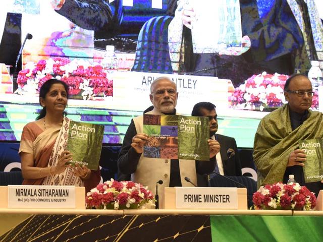 Prime Minister Narendra Modi (C), Finance Minister Arun Jaitley (R) and Minister of States for Independent Charge, Nirmala Sethuraman releasing the Action Plan at the launch of Startups India at Vigyan Bhavan in New Delhi on January 16, 2016. (Mohd Zakir/ HT file) Prime Minister Narendra Modi (C), Finance Minister Arun Jaitley (R) and Minister of States for Independent Charge, Nirmala Sethuraman releasing the Action Plan at the launch of Startups India at Vigyan Bhavan in New Delhi on January 16, 2016. (Mohd Zakir/ HT file)