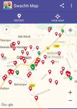 Screen grab of the app using colour coding on Google Map — red for dirty site and green for cleared site. Screen grab of the app using colour coding on Google Map — red for dirty site and green for cleared site.