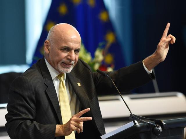 Afghanistan's President Mohammad Ashraf Ghani (C) looks on while European Commissioner for International Cooperation and Development Neven Mimica (R) and Afghan finance minister Eklil Ahmad Hakimi, sign a state building contract (SBC) during the EU-Afghanistan conference at the EU headquarters in Brussels on Tuesday. (AFP) Afghanistan's President Mohammad Ashraf Ghani (C) looks on while European Commissioner for International Cooperation and Development Neven Mimica (R) and Afghan finance minister Eklil Ahmad Hakimi, sign a state building contract (SBC) during the EU-Afghanistan conference at the EU headquarters in Brussels on Tuesday. (AFP)