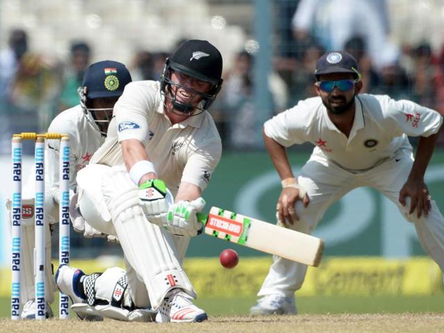 New Zealand's batsman Martin Guptill plays a shot on the fourth day of the second cricket test match against India in Kolkata. (AP Photo) New Zealand's batsman Martin Guptill plays a shot on the fourth day of the second cricket test match against India in Kolkata. (AP Photo)