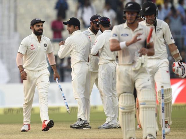 India won the series 2-0 after defeating New Zealand by 178 runs in the second Test that ended at Eden Gardens in Kolkata on Monday.(Subhendu Ghosh/HT Photo)