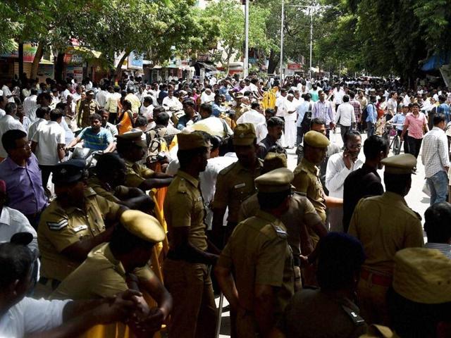 Police personnel and AIADMK workers gather outside the Apollo Hospital, where the Tamil Nadu chief minister Jayalalithaa has been admitted. (PTI) Police personnel and AIADMK workers gather outside the Apollo Hospital, where the Tamil Nadu chief minister Jayalalithaa has been admitted. (PTI)