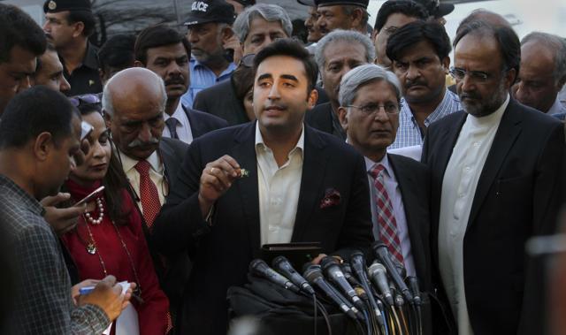 Bilawal Butto Zardari, centre, chairman of the Pakistan Peoples Party, talks to media after attending an all parties conference in Prime Minister secretariat in Islamabad. (AP) Bilawal Butto Zardari, centre, chairman of the Pakistan Peoples Party, talks to media after attending an all parties conference in Prime Minister secretariat in Islamabad. (AP)