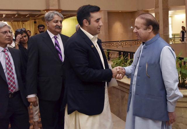In this photo released by the Pakistan Press Information Department, Pakistani Prime Minister Nawaz Sharif, right, receives Bilawal Bhutto Zardari. (AP) In this photo released by the Pakistan Press Information Department, Pakistani Prime Minister Nawaz Sharif, right, receives Bilawal Bhutto Zardari. (AP)