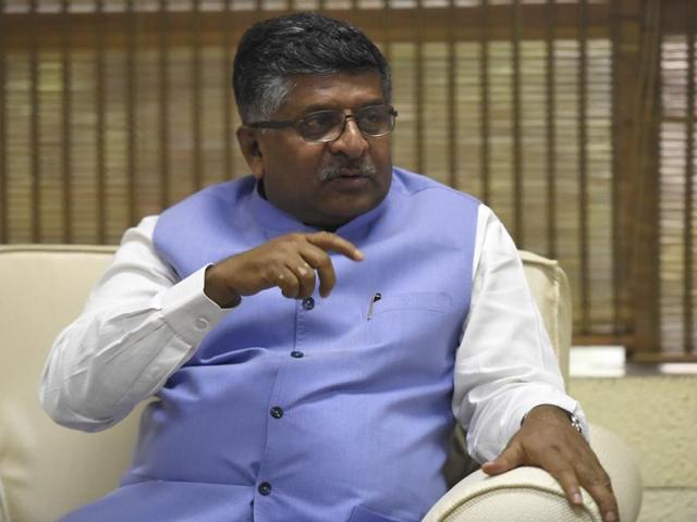 Union minister Ravi Shankar Prasad talks to HT during an interview at his office in New Delhi on Tuesday.(Sonu Mehta/HT PHOTO)