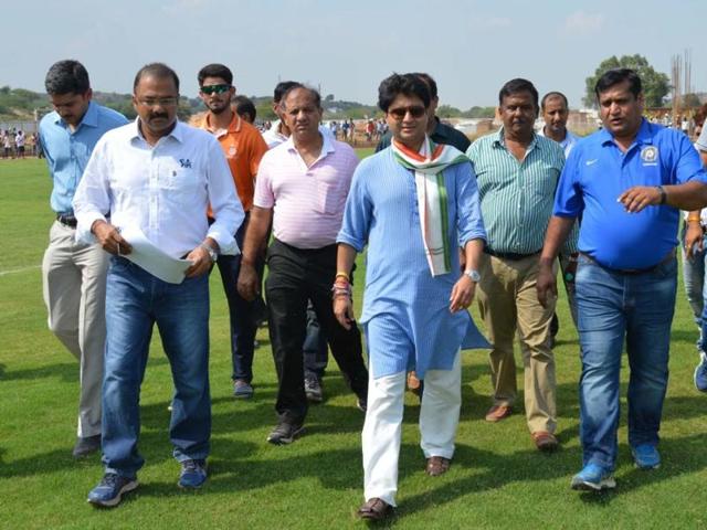 Former Union minister and MP Jyotiraditya Scindia at the under construction cricket stadium in Gwalior.(Umesh Singh/HT photo)