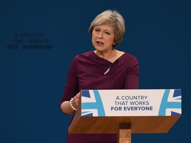 British Prime Minister Theresa May delivers a keynote address on the final day of the annual Conservative Party conference in Birmingham on Wednesday. (AFP) British Prime Minister Theresa May delivers a keynote address on the final day of the annual Conservative Party conference in Birmingham on Wednesday. (AFP)