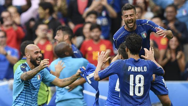 Italy teammates celebrate scoring a second and winning goal against Spain in the Euro 2016 round of 16 match. (AFP Photo) Italy teammates celebrate scoring a second and winning goal against Spain in the Euro 2016 round of 16 match. (AFP Photo)
