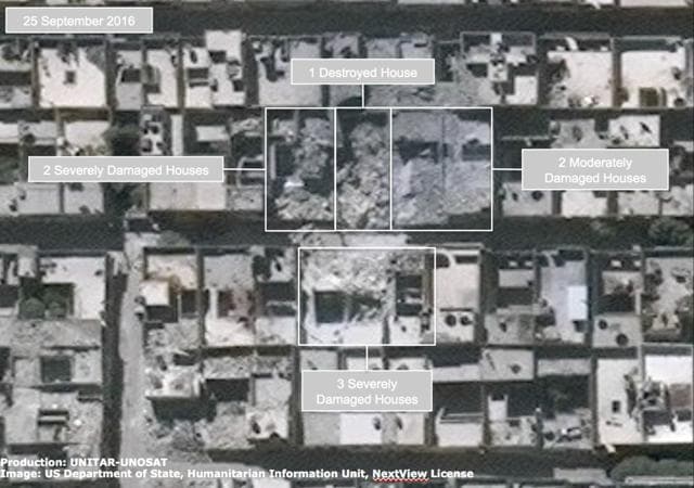 This satellite image released by the United Nations shows damaged houses in the Ayn at-Tal district of Aleppo, Syria. (UNITAR-UNOSAT via AP) This satellite image released by the United Nations shows damaged houses in the Ayn at-Tal district of Aleppo, Syria. (UNITAR-UNOSAT via AP)