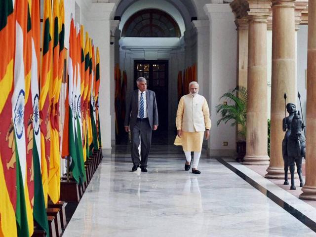 Prime Minister Narendra Modi with his Sri Lankan counterpart Ranil Wickremesinghe before their meeting at Hyderabad House, in New Delhi on Wednesday. (PTI) Prime Minister Narendra Modi with his Sri Lankan counterpart Ranil Wickremesinghe before their meeting at Hyderabad House, in New Delhi on Wednesday. (PTI)