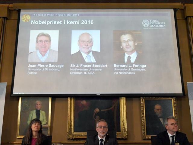 Jean-Pierre Sauvage, Fraser Stoddart and Bernard Feringa have been awarded the Nobel chemistry prize. (AP Photo) Jean-Pierre Sauvage, Fraser Stoddart and Bernard Feringa have been awarded the Nobel chemistry prize. (AP Photo)