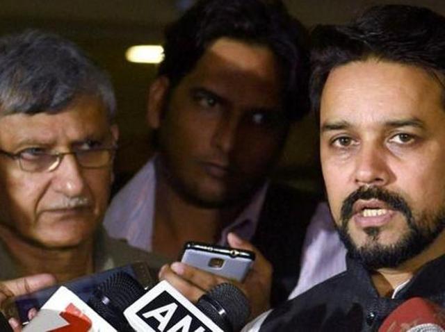 BCCI President Anurag Thakur along with BCCI secretary Ajay Shirke intracts with media.(PTI)
