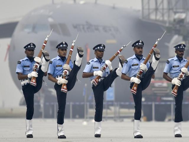 Indian Air Force's 'Air Warrior' drill team perform at the parade rehearsals at the Air Force Station Hindon.  (Raj K Raj/HT PHOTO) 