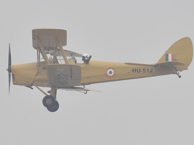 An Indian Air Force Tiger Moth lands during the rehearsal for the 84th anniversary of Air Force Day parade.  (Raj K Raj/HT PHOTO) 