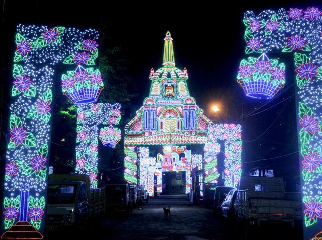 Pandals with different themes are lit up for Durga Puja celebrations in Kolkata. (Samir Jana/HT Photo) 