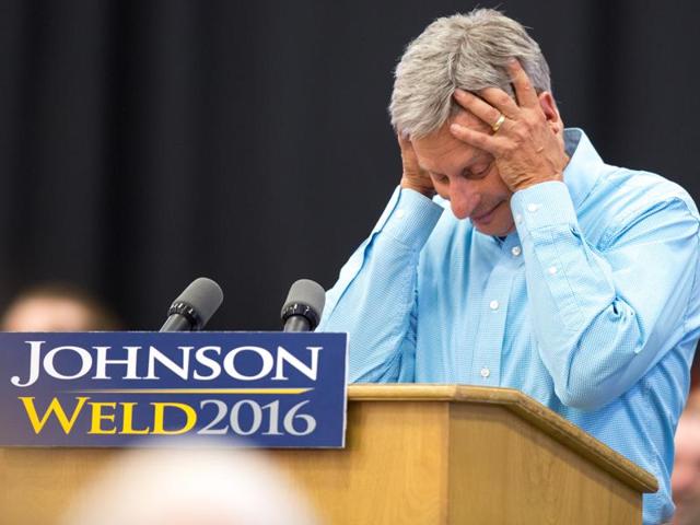File photo of Libertarian presidential candidate Gary Johnson speaking at a campaign rally in Iowa. Johnson had another self-described “Aleppo moment” after he couldn’t come up with a name when asked by a MSNBC host who his favourite foreign leader is. (AP) File photo of Libertarian presidential candidate Gary Johnson speaking at a campaign rally in Iowa. Johnson had another self-described “Aleppo moment” after he couldn’t come up with a name when asked by a MSNBC host who his favourite foreign leader is. (AP)