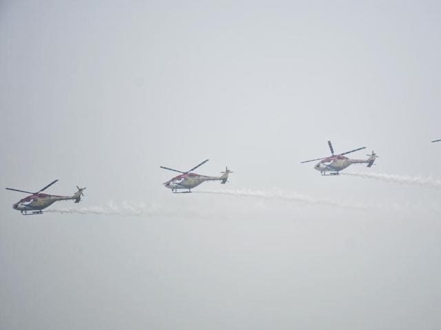 Helicopters fly by during the rehearsal.  (SAKIB ALI / HT PHOTO ) 