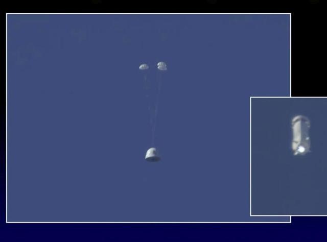 In this image made from video provided by Blue Origin, the New Shepard capsule, left, prepares to return to the ground as its booster rocket continues upwards during a test of the escape system in west Texas on Wednesday. The escape system is designed to save lives if something goes wrong with the rocket during liftoff. (AP) In this image made from video provided by Blue Origin, the New Shepard capsule, left, prepares to return to the ground as its booster rocket continues upwards during a test of the escape system in west Texas on Wednesday. The escape system is designed to save lives if something goes wrong with the rocket during liftoff. (AP)