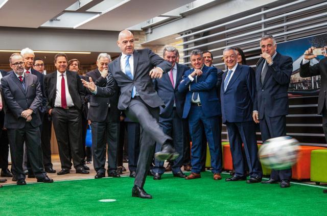 Infantino kicks a football during an event at the Sergio Arboleda University in Bogota, on October 3, 2016, ahead of the final of the Colombia 2016 Fifa Futsal World Cup on October 1. (AFP) Infantino kicks a football during an event at the Sergio Arboleda University in Bogota, on October 3, 2016, ahead of the final of the Colombia 2016 Fifa Futsal World Cup on October 1. (AFP)