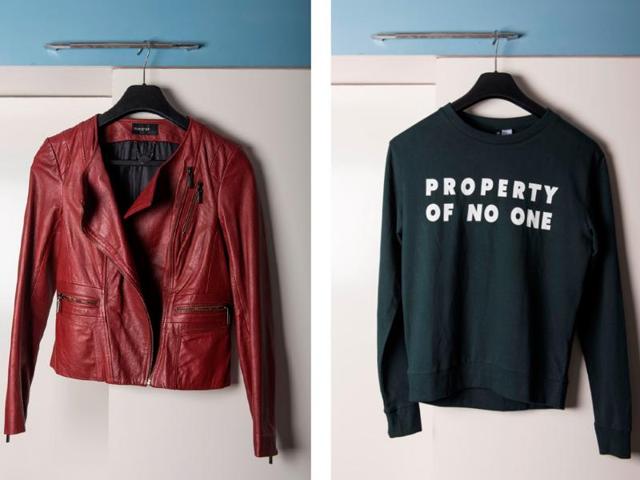 (Left) A Marks and Spencer leather jacket from Hegde’s collection is her travel companion. The sweatshirt is Hegde’s latest buy and her new favourite from H&M. (Photo: Aalok Soni/HT)