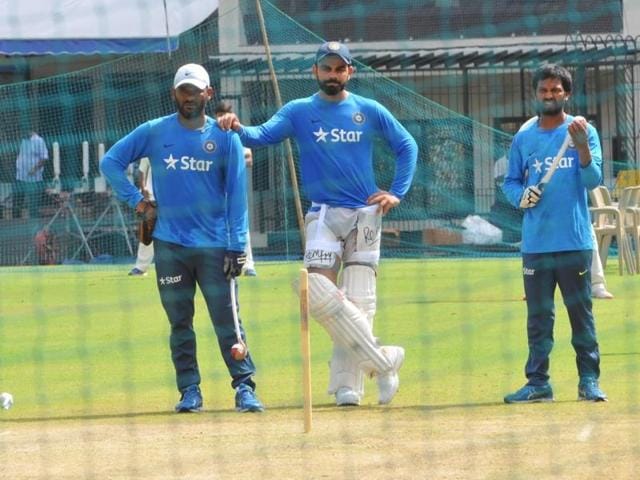 Indian players during practice at Holkar Stadium ahead of third and last Test match against New Zealand. (Shankar Mourya/HT) Indian players during practice at Holkar Stadium ahead of third and last Test match against New Zealand. (Shankar Mourya/HT)