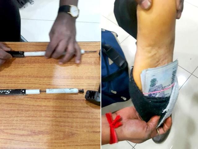 The flyer, who was leaving for Dubai, had concealed the foreign currency in his socks and a trolley bag but was intercepted based on profiling late on Thursday. (HT Photo) The flyer, who was leaving for Dubai, had concealed the foreign currency in his socks and a trolley bag but was intercepted based on profiling late on Thursday. (HT Photo)
