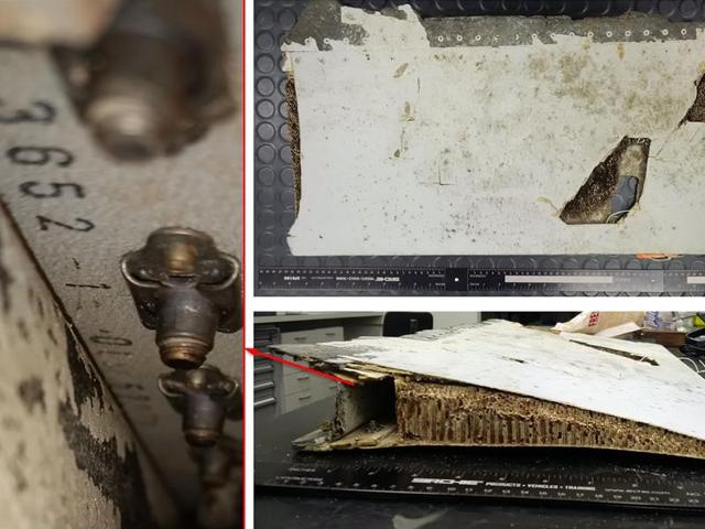 An undated combo photo handout received on Friday  shows a trailing edge section of Boeing 777 left, outboard flap, originating from the Malaysian Airlines aircraft registered 9M-MRO (MH370). (AFP)