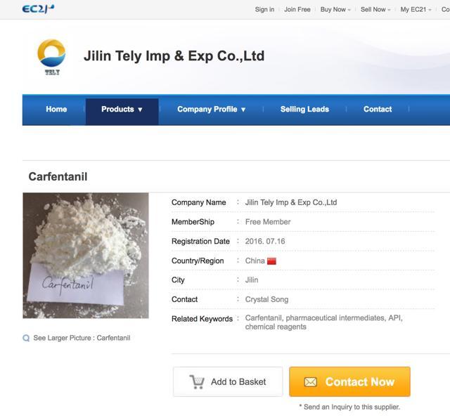 This September 13, 2016 image shows a portion of a webpage offering the powerful opioid carfentanil for sale by the Jilin Tely Import and Export Co. “We can supply carfentanil … for sure,” a saleswoman from the company wrote in a September 2016 email. (AP) This September 13, 2016 image shows a portion of a webpage offering the powerful opioid carfentanil for sale by the Jilin Tely Import and Export Co. “We can supply carfentanil … for sure,” a saleswoman from the company wrote in a September 2016 email. (AP)