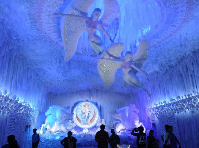 All white and blue! A look at the Abasar Club Durga Puja pandal in Kolkata on Wednesday, October 5, 2016. (Samir Jana/HT PHOTO) All white and blue! A look at the Abasar Club Durga Puja pandal in Kolkata on Wednesday, October 5, 2016. (Samir Jana/HT PHOTO)