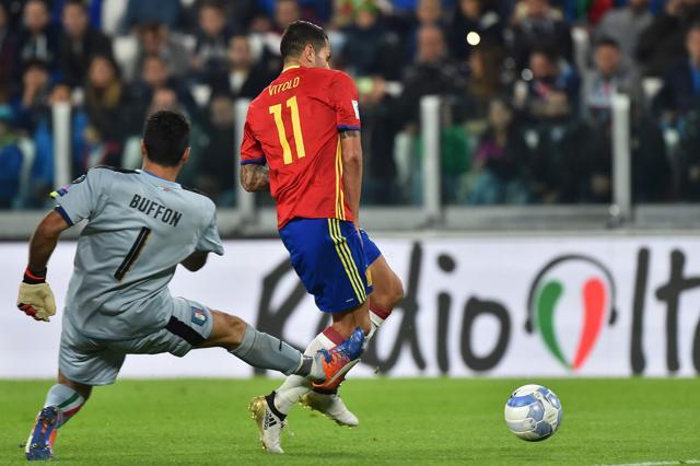 Buffon mistimed his tackle on Vitolo, leaving the Spaniard with an empty net to slot the ball into. (AFP) Buffon mistimed his tackle on Vitolo, leaving the Spaniard with an empty net to slot the ball into. (AFP)